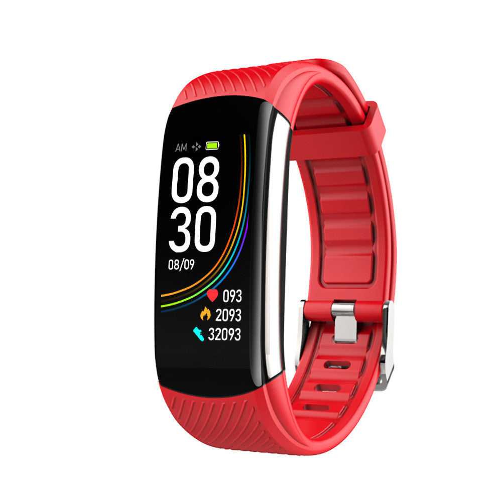 Banda inteligente con pantalla a color y múltiples funciones de monitoreo de salud, como frecuencia cardíaca, pasos y calorías, en un diseño elegante rojo.