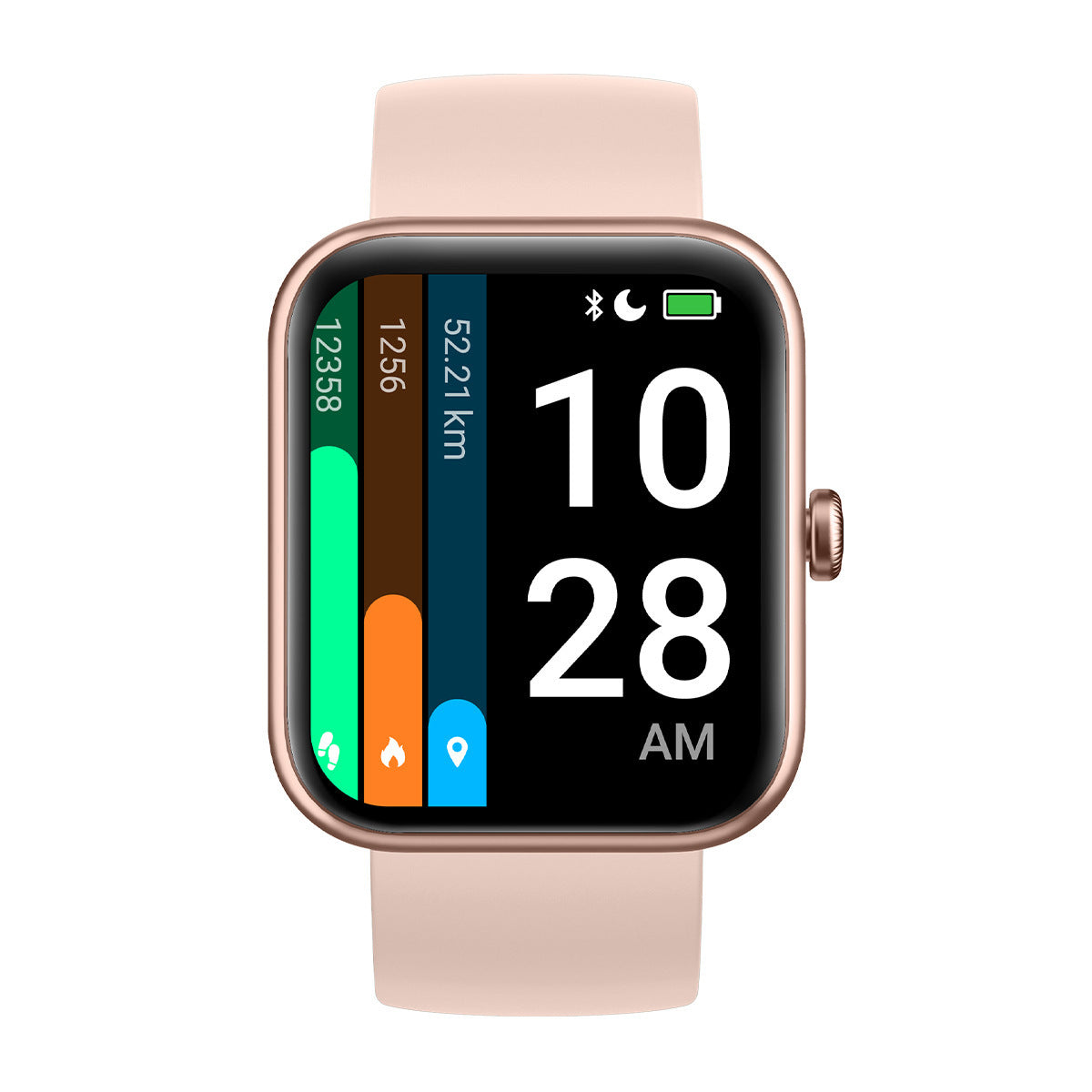 Reloj inteligente con correa dorada y pantalla táctil, que muestra datos de actividad física, como pasos, distancia recorrida y calorías.