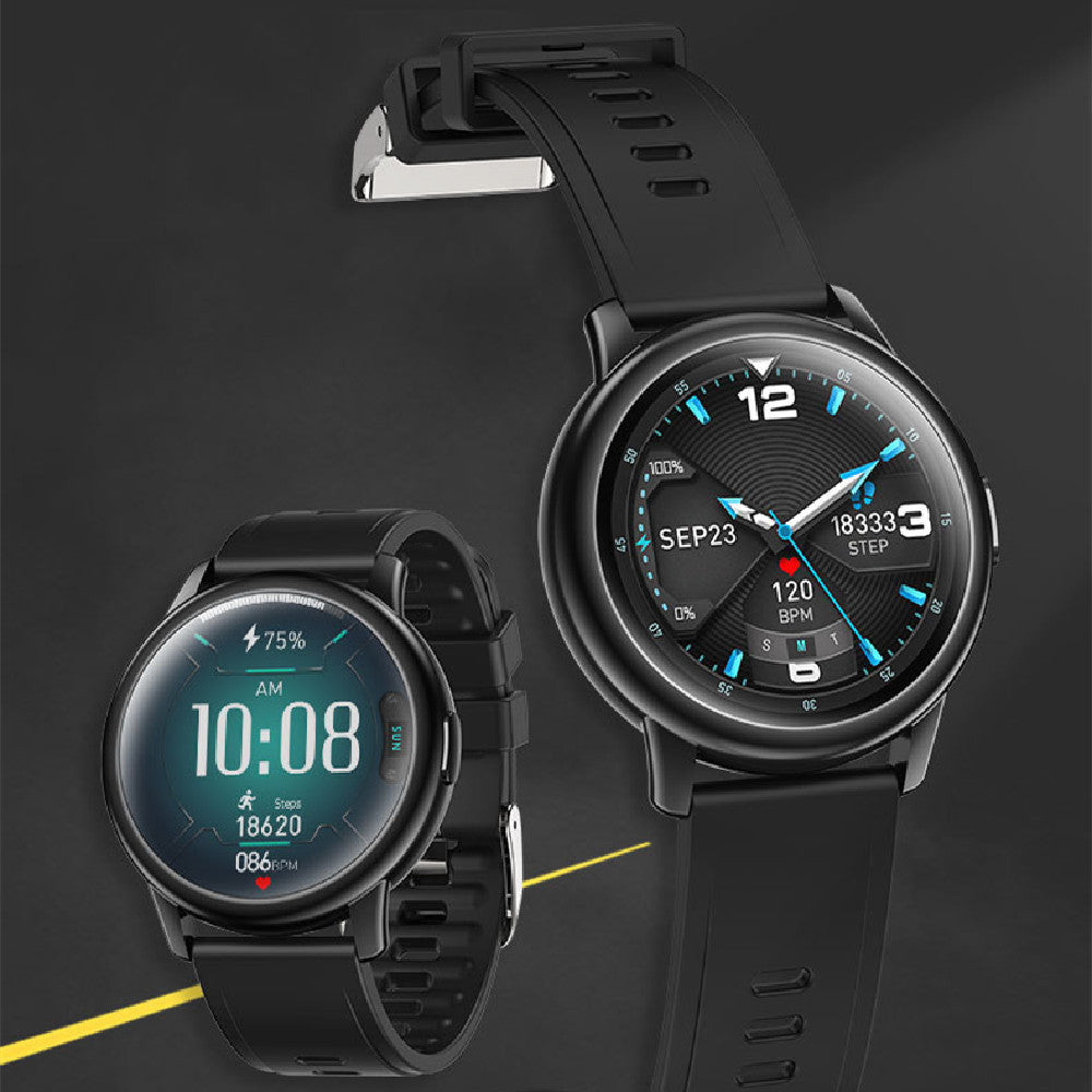 Relojes inteligentes negros con pantalla táctil, diseño deportivo y múltiples funcionalidades como contador de pasos y monitor de ritmo cardíaco.