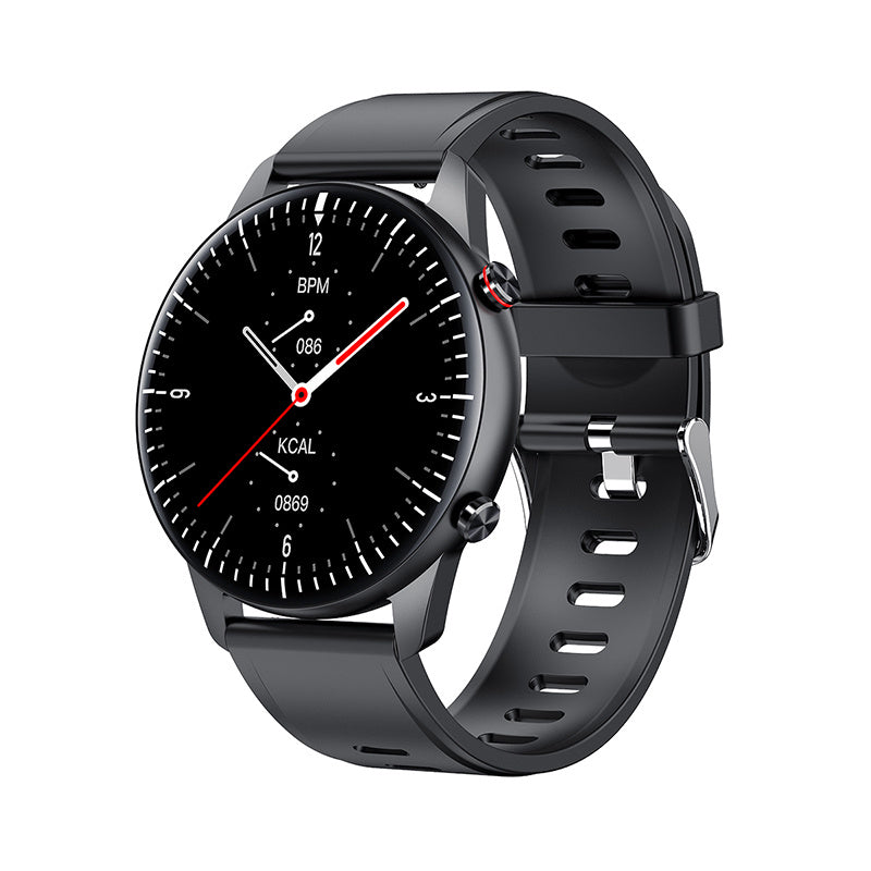 Reloj inteligente deportivo con pantalla digital redonda, correa negra ajustable y funciones de seguimiento de salud.