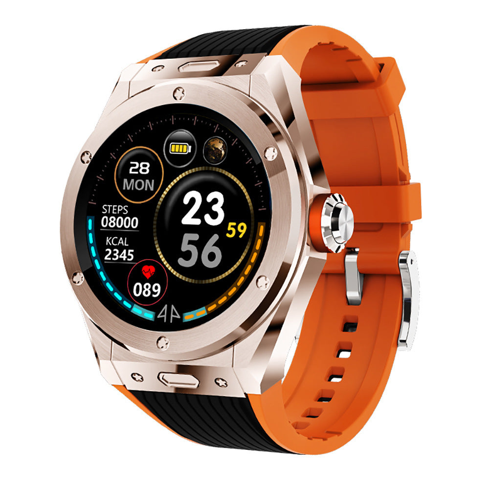 Smartwatch deportivo con correa naranja y diseño robusto, pantalla digital multicolor y métricas de actividad física.