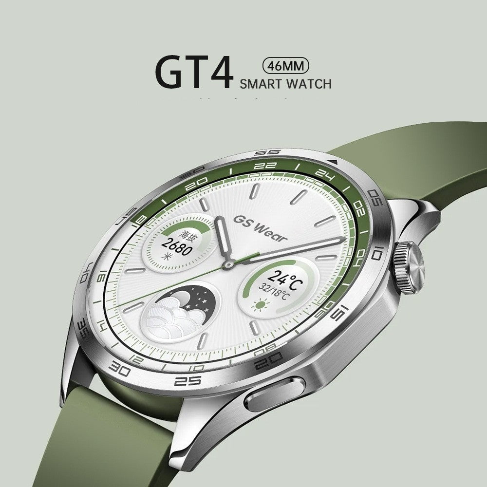 Reloj inteligente GT4 de 46 mm con esfera blanca y correa verde, características avanzadas como monitoreo de pasos, clima y salud.