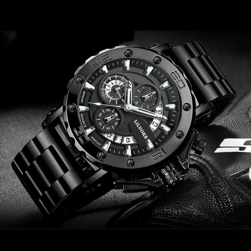 Reloj masculino Liuxke en color negro con esfera grande, detalles luminosos y función de cronógrafo. Correa de metal resistente y diseño deportivo.