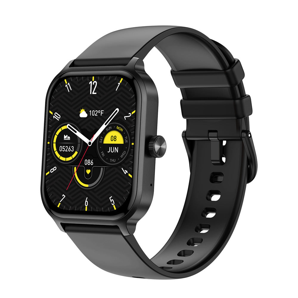 Reloj inteligente con diseño cuadrado, pantalla táctil a color y múltiples funciones de monitoreo deportivo y de salud.