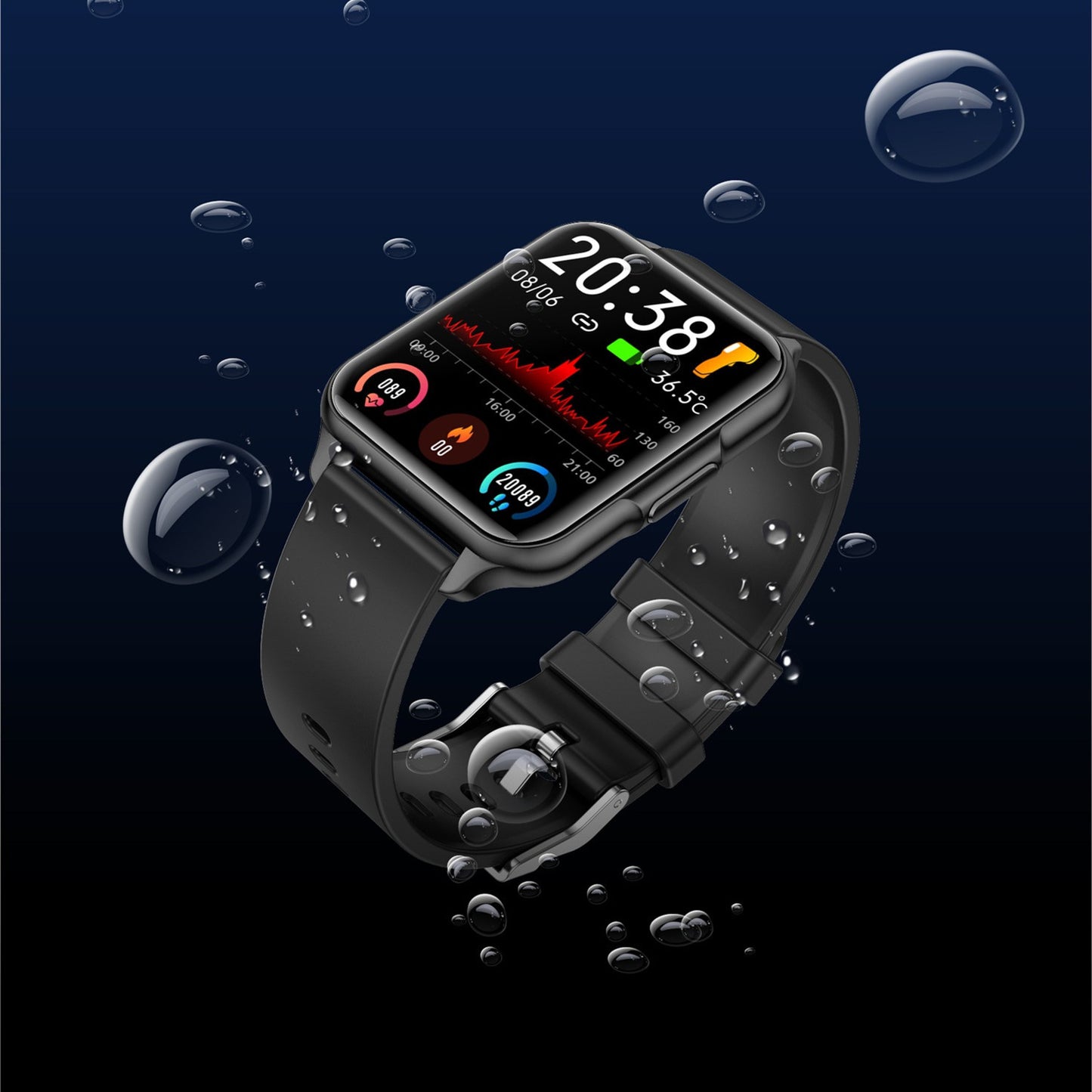 Reloj inteligente negro resistente al agua, con pantalla táctil que muestra estadísticas de salud y actividad, como ritmo cardíaco y temperatura corporal.