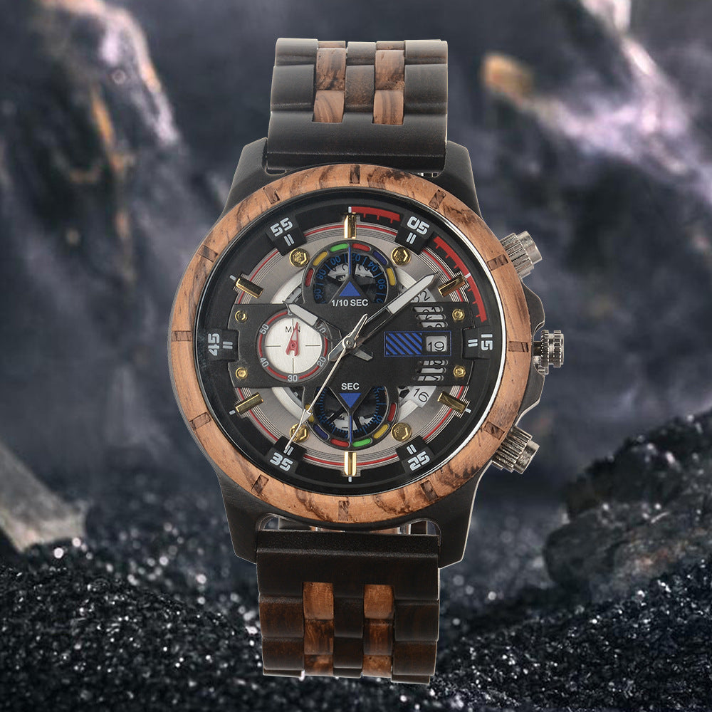 Reloj masculino con esfera negra, detalles multicolor y bisel de madera. Correa de madera y acero inoxidable. Diseño artesanal y único.