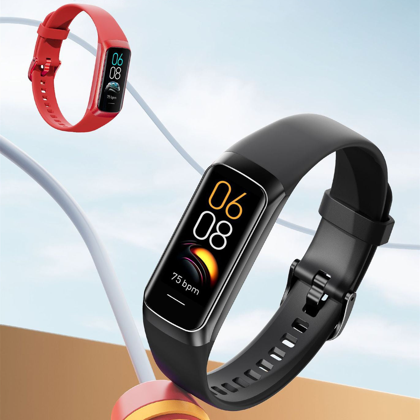 Pulsera inteligente con pantalla táctil a color y diseño ergonómico, disponible en rojo y negro. Funciones de monitoreo de ritmo cardíaco.