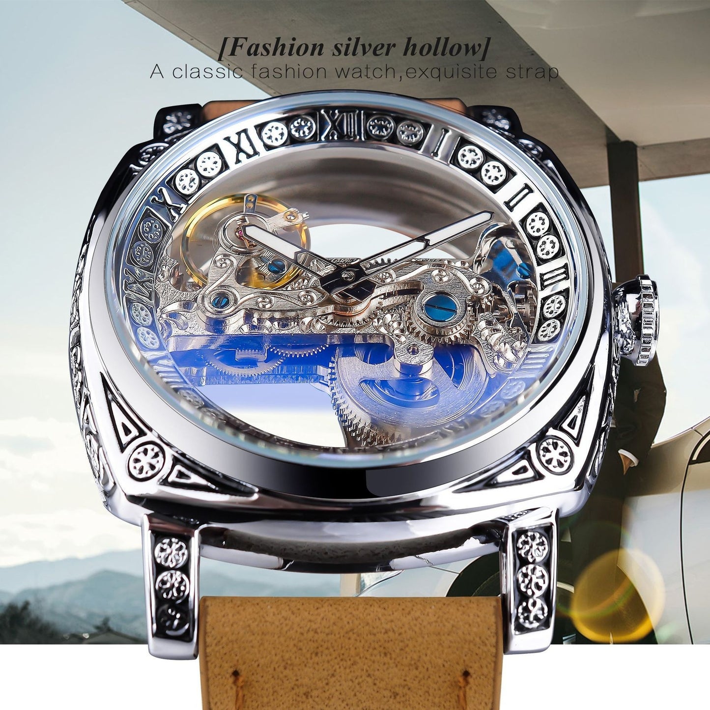 Reloj con diseño de lujo, esfera plateada con detalles decorativos y correa de cuero marrón, ideal para eventos especiales.