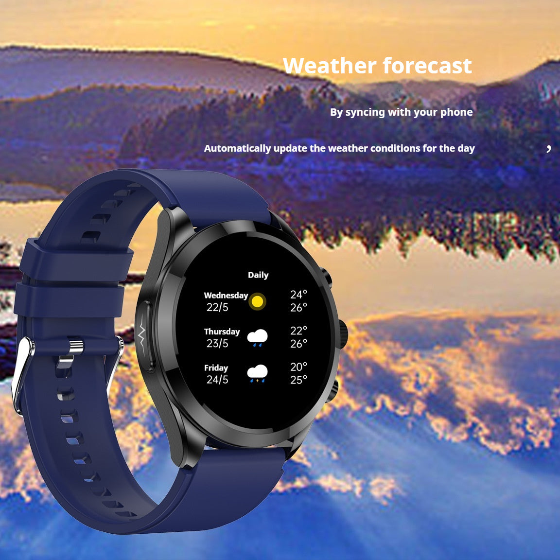 Reloj inteligente con correa azul y pantalla táctil, funcionalidad de pronóstico del tiempo y diseño elegante para uso diario.