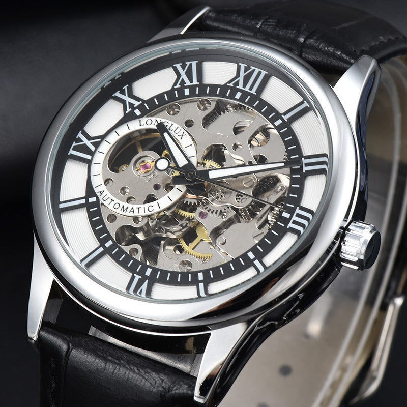Reloj automático LONG LUX con esfera transparente, diseño mecánico visible y números romanos en blanco y negro.
