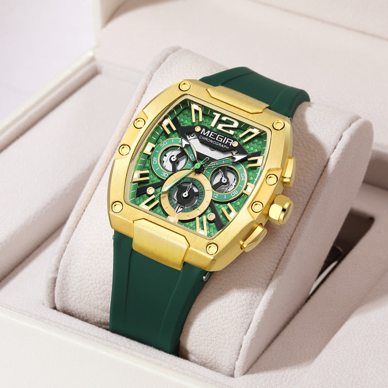 Reloj masculino Megir con diseño deportivo, esfera verde y dorada, y correa de silicona verde. Estilo moderno y casual.