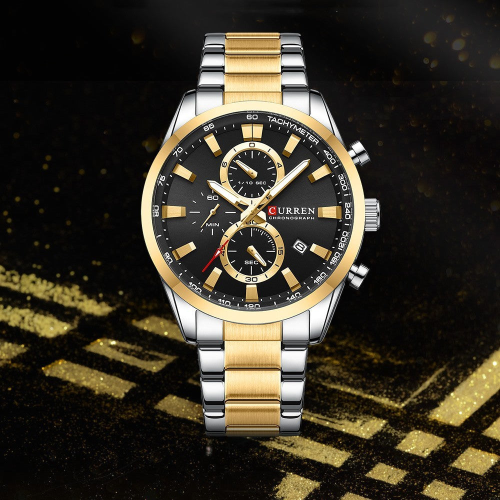 Reloj masculino Curren estilo cronógrafo con esfera negra, detalles dorados y correa de acero inoxidable en colores plateado y dorado.