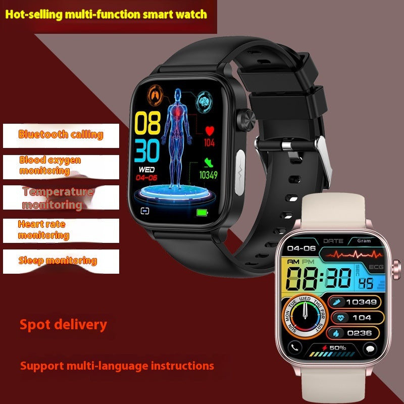 Reloj inteligente multifuncional con monitor de oxígeno, frecuencia cardíaca, llamadas Bluetooth y diseño moderno en colores negro y rosa.