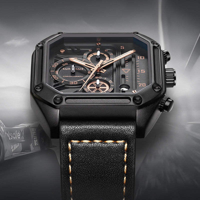 Reloj masculino Fair Halee con diseño cuadrado, esfera negra y detalles en cobre. Correa de cuero negro con costuras decorativas. Estilo moderno y robusto.