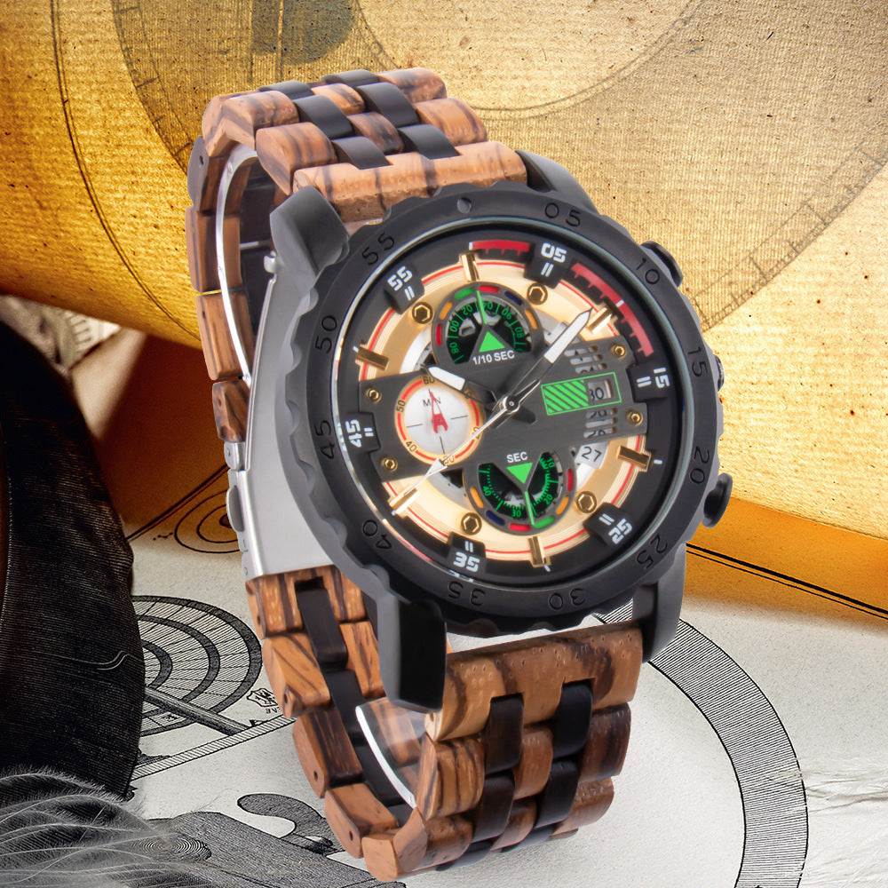 Reloj deportivo con detalles en madera y esfera multifuncional, ideal para quienes buscan un estilo único y sostenible.