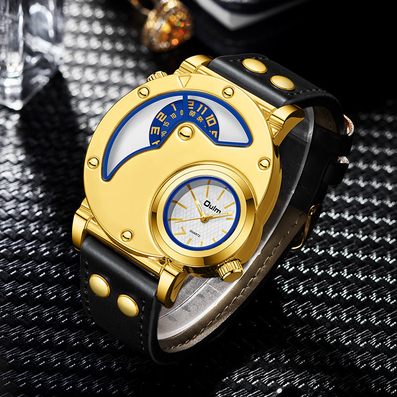 Reloj de cuarzo Oulm con diseño único en dorado, pantalla doble y correa de cuero negra con detalles en azul.