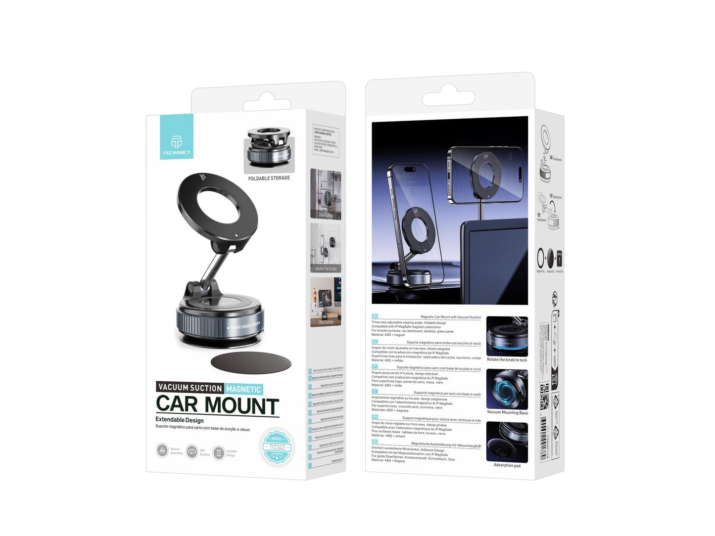 Techancy Suporte Magnetico Carro TI2343 Base Vacio Compatível MagSafe Para Painel Mesa Vidro Angulo Ajustavel Dobrável ABS Iman Preto-4