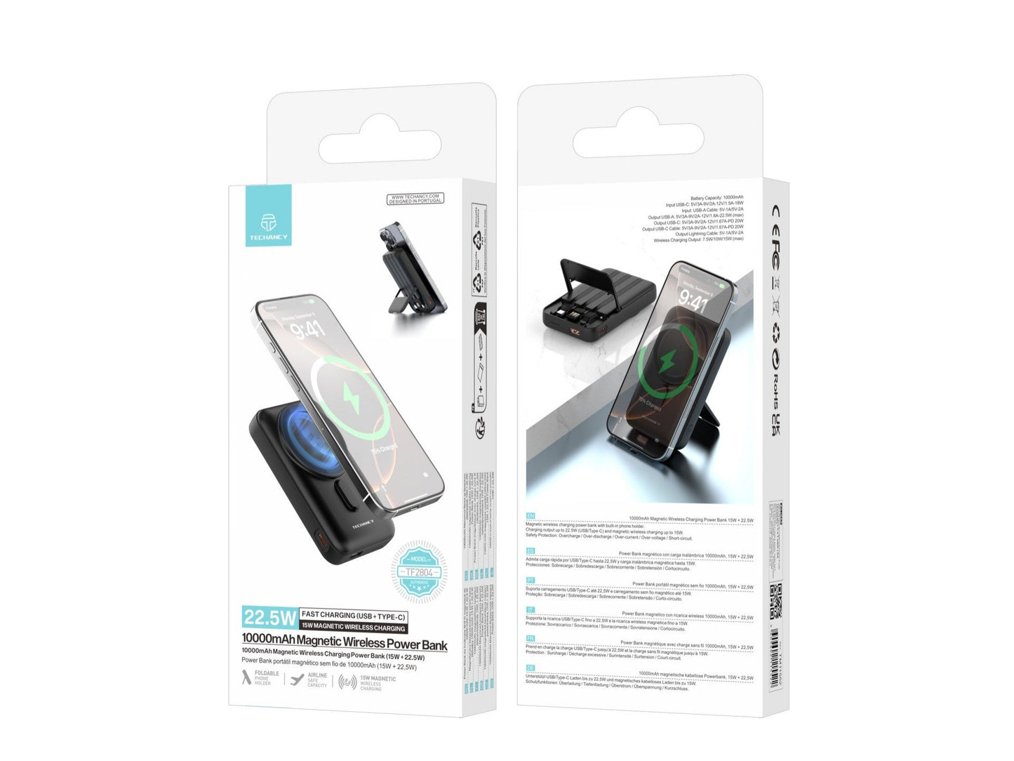 Techancy Power Bank Magnetico Sem Fios 10000mAh TF2804 15W Wireless 22.5W Carregamento Rapido com Suporte para Telemovel e Tablet Preto-4