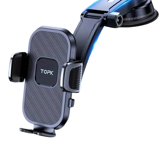 Soporte ajustable para móvil de coche con montaje en salpicadero, orientación horizontal y vertical y diseño universal para smartphone.