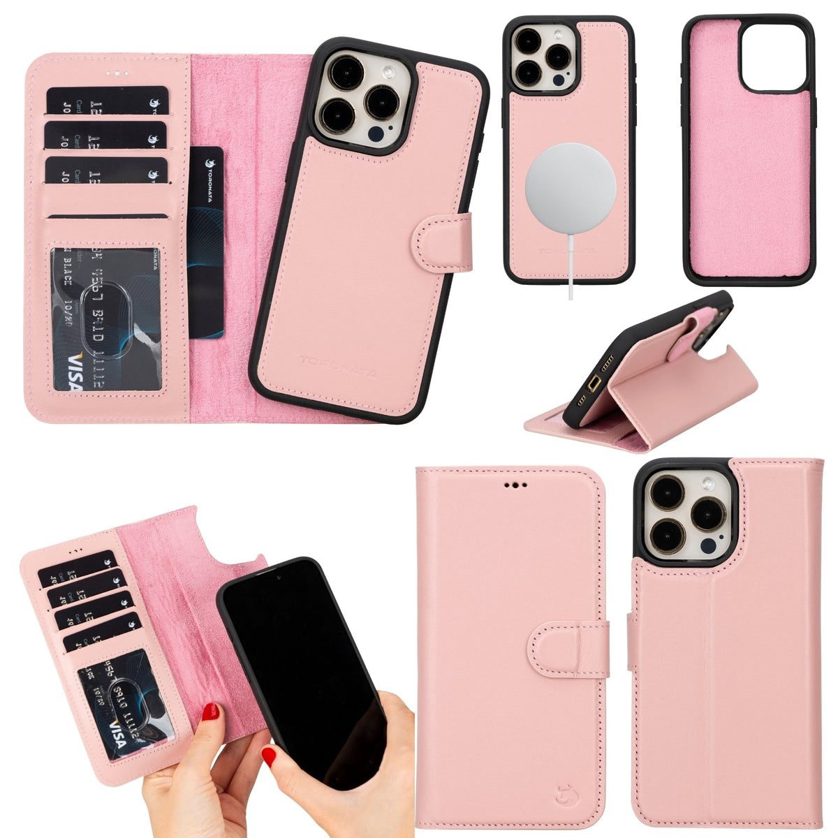 Funda cartera TORONATA Casper para iPhone 14 Pro de 6,1 pulgadas con MagSafe, piel plena flor, bloqueo RFID, ranuras para tarjetas y soporte convertible.