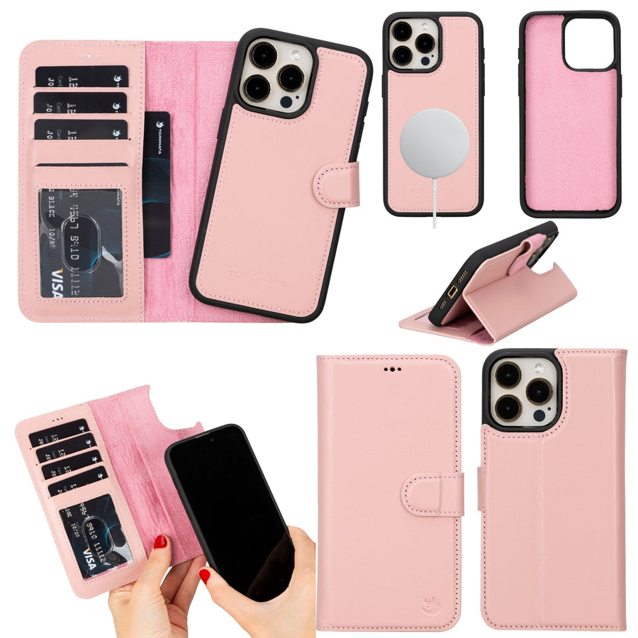 Funda cartera TORONATA Casper para iPhone 14 Pro de 6,1 pulgadas con MagSafe, piel plena flor, bloqueo RFID, ranuras para tarjetas y soporte convertible.