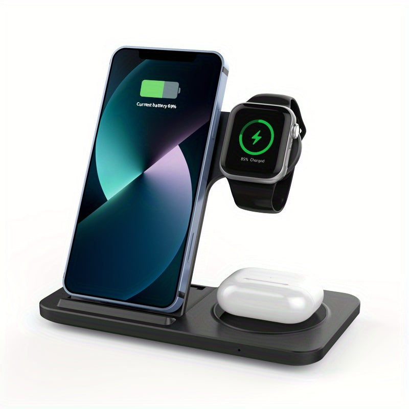 Cargador inalámbrico NNETM 3 en 1 para iPhone, Apple Watch y AirPods con diseño compacto para escritorio, oficina o mesita de noche.