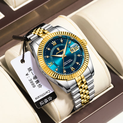 Reloj masculino con carátula azul y bisel dorado, detalles brillantes y correa de acero inoxidable en tonos dorado y plateado. Incluye etiqueta de certificación.