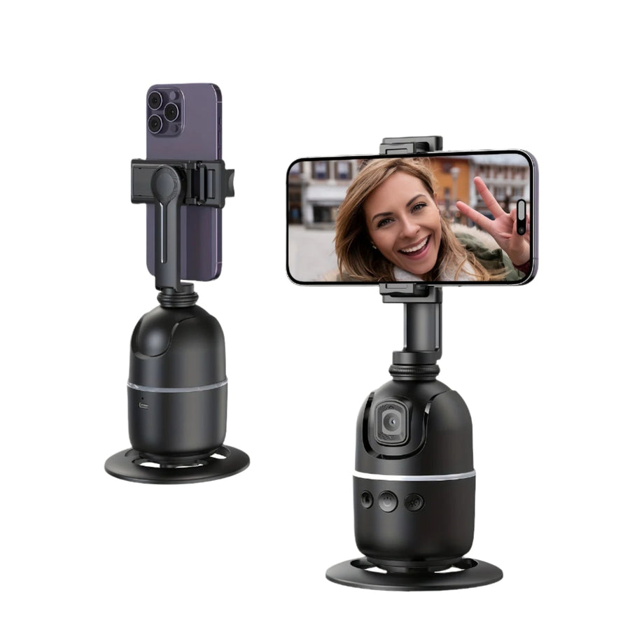 Palo selfie inteligente AI en color negro con soporte giratorio 360 grados, seguimiento facial automático y carga USB para smartphones.