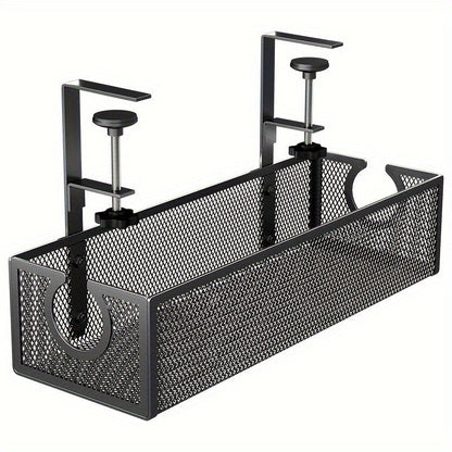 Bandeja organizadora de cables bajo escritorio en metal negro, con instalación sin taladro para ordenar cables y accesorios de conexión.