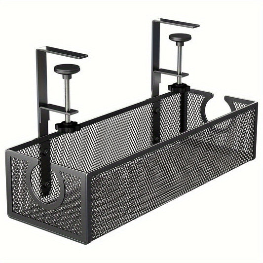Bandeja organizadora de cables bajo escritorio en metal negro, con instalación sin taladro para ordenar cables y accesorios de conexión.