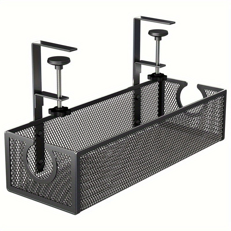 Bandeja organizadora de cables bajo escritorio en metal negro, con instalación sin taladro para ordenar cables y accesorios de conexión.