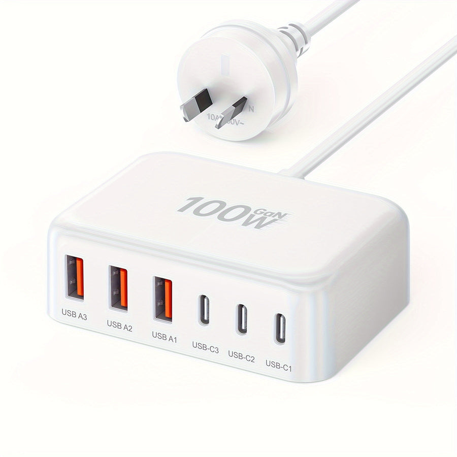Cargador rápido NNETM de 6 puertos con 3 USB-C y 3 USB-A, potencia total 100W y diseño compacto para cargar varios dispositivos.