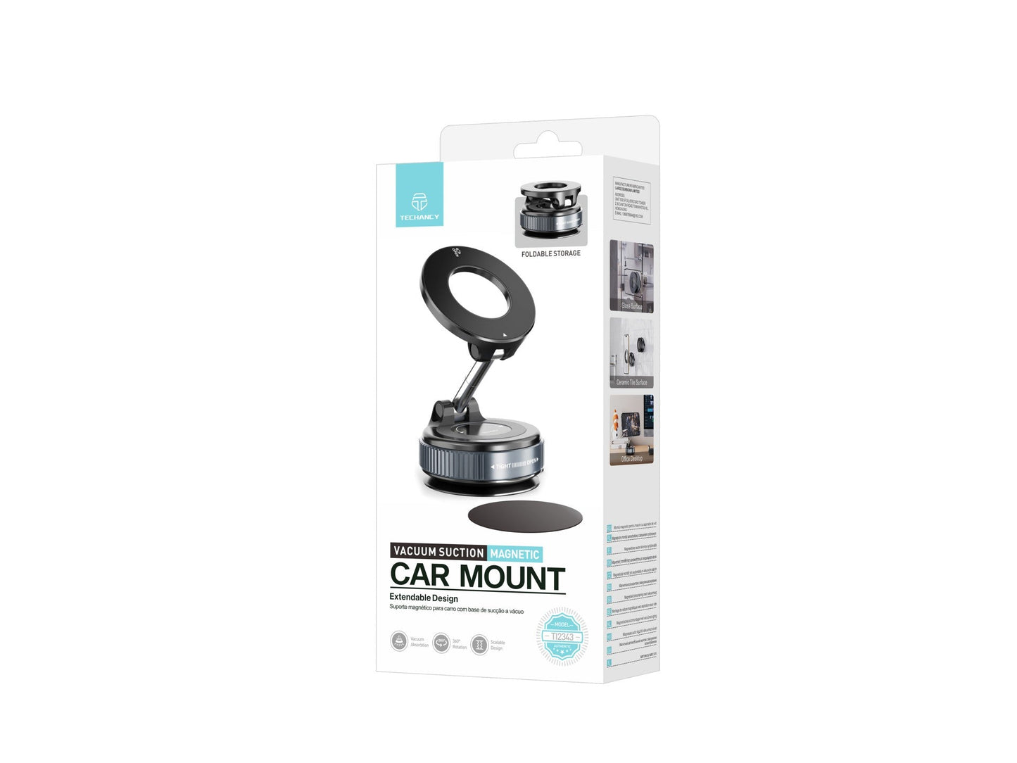 Techancy Suporte Magnetico Carro TI2343 Base Vacio Compatível MagSafe Para Painel Mesa Vidro Angulo Ajustavel Dobrável ABS Iman Preto-3