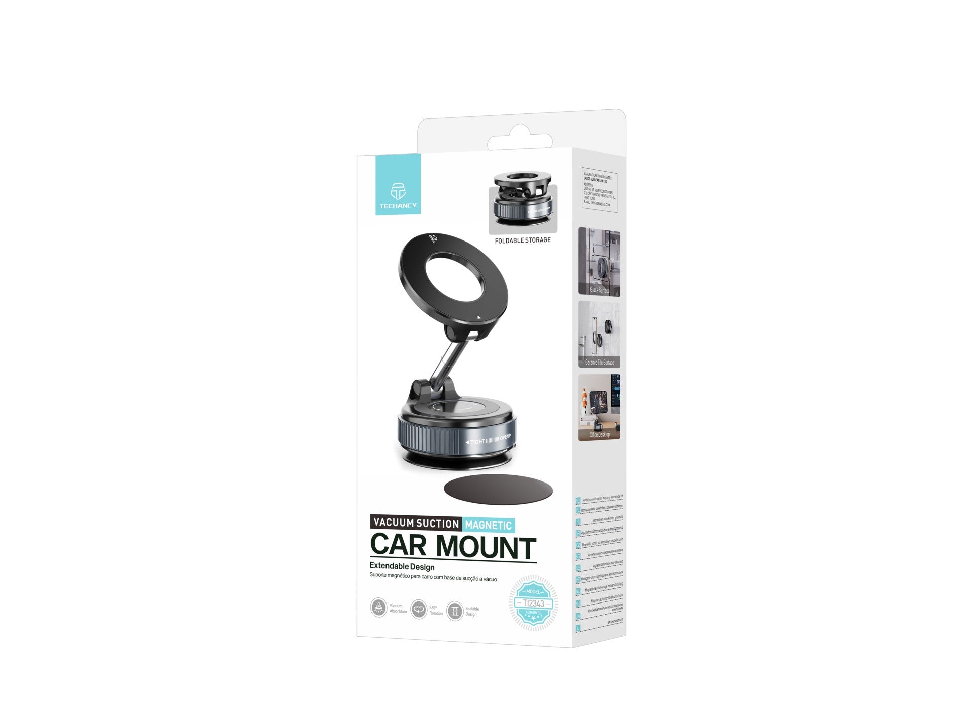 Techancy Suporte Magnetico Carro TI2343 Base Vacio Compatível MagSafe Para Painel Mesa Vidro Angulo Ajustavel Dobrável ABS Iman Preto-3