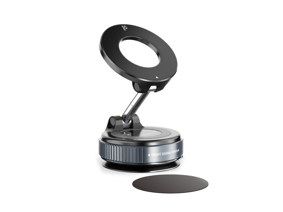 Soporte magnético TECHANCY TI2343 compatible con MagSafe, con base de succión al vacío, ajuste 360 grados y diseño plegable para coche o escritorio.