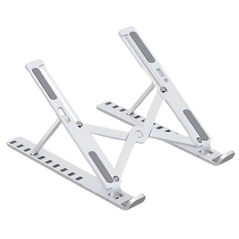 Soporte ajustable y plegable para portátil en color blanco, fabricado en plástico y diseñado para elevar el ordenador en escritorio.